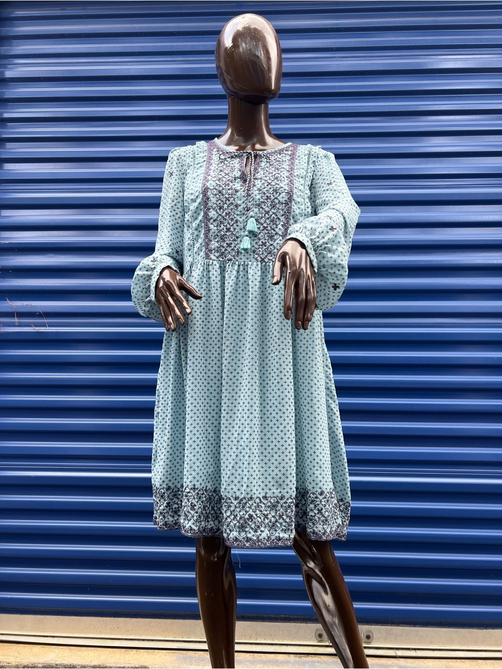 Time and Tru Light Blue Printed Long-Sleeve Tassel Dress